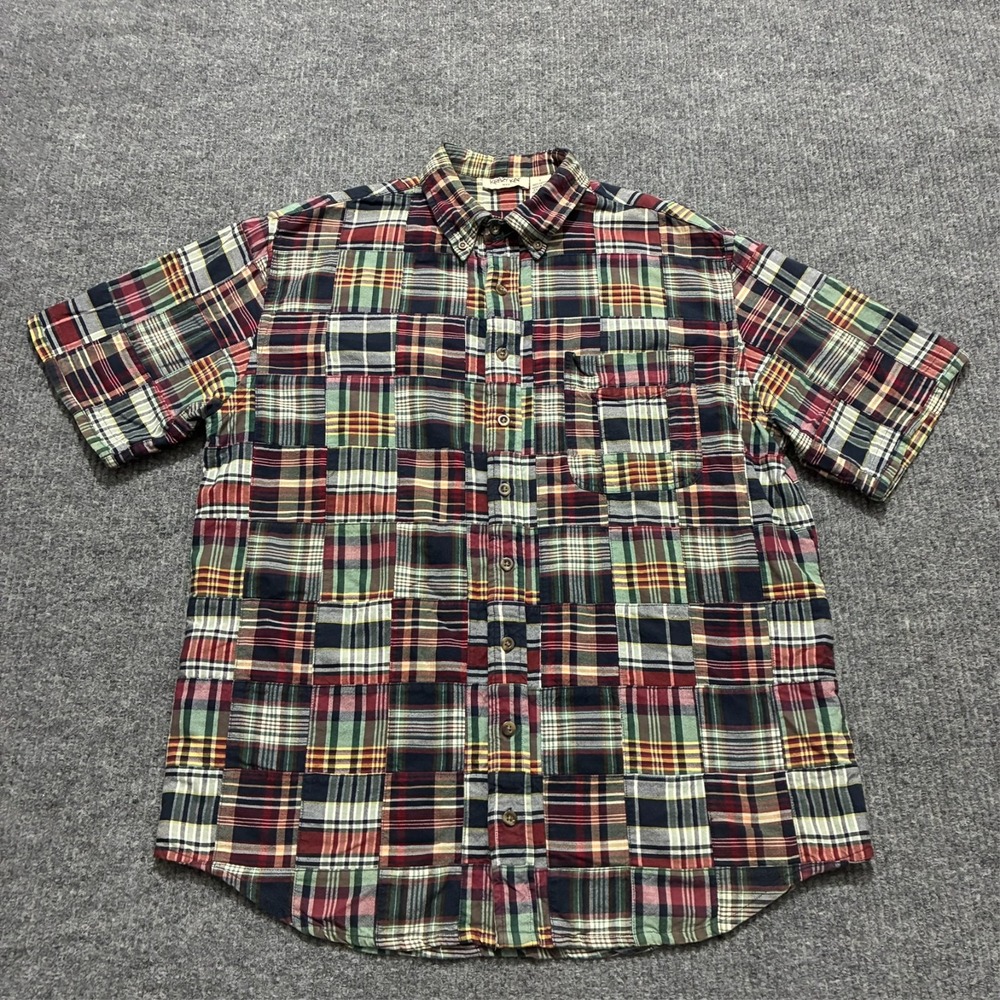Krazy Kat Mens Button Down Madras Shirt Size Large Patchwork Plaid Short Sleeve